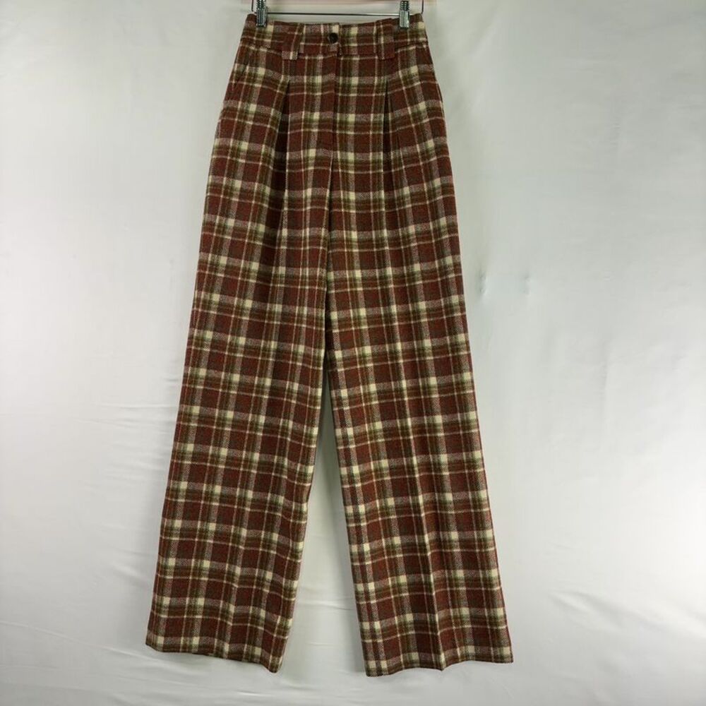 Sezane Plaid Wide-Leg Trousers in Brown and Cream